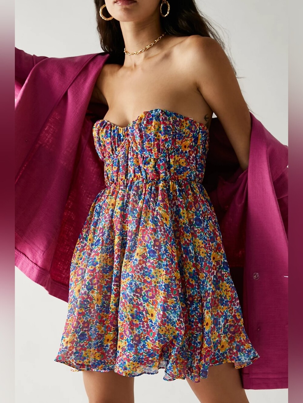 NWT For Love & Lemons Sasha Strapless Confetti Floral Babydoll Corset Dress S